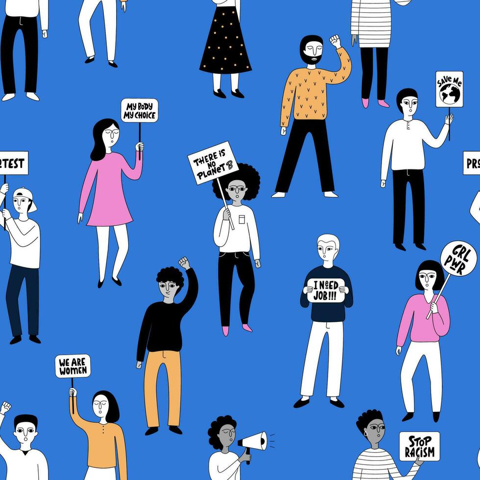Protesting people with placards, signs and a megaphone in their hands, seamless pattern. vector