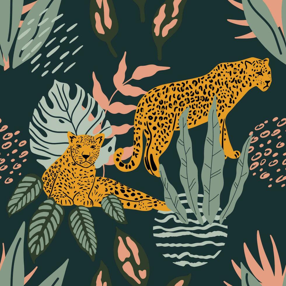 Wild Animals and tropical leaves. vector