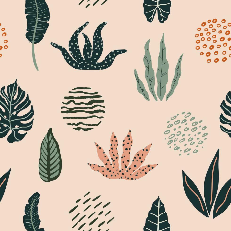 Modern seamless pattern with tropical leaves and abstract geometric shapes. vector