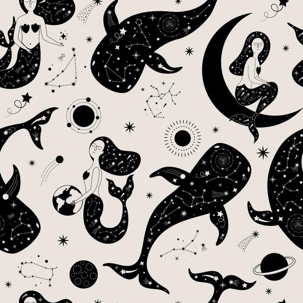 Magical seamless pattern with mermaids, whales, stars, zodiac signs, planets, moon, sun, meteorites. vector