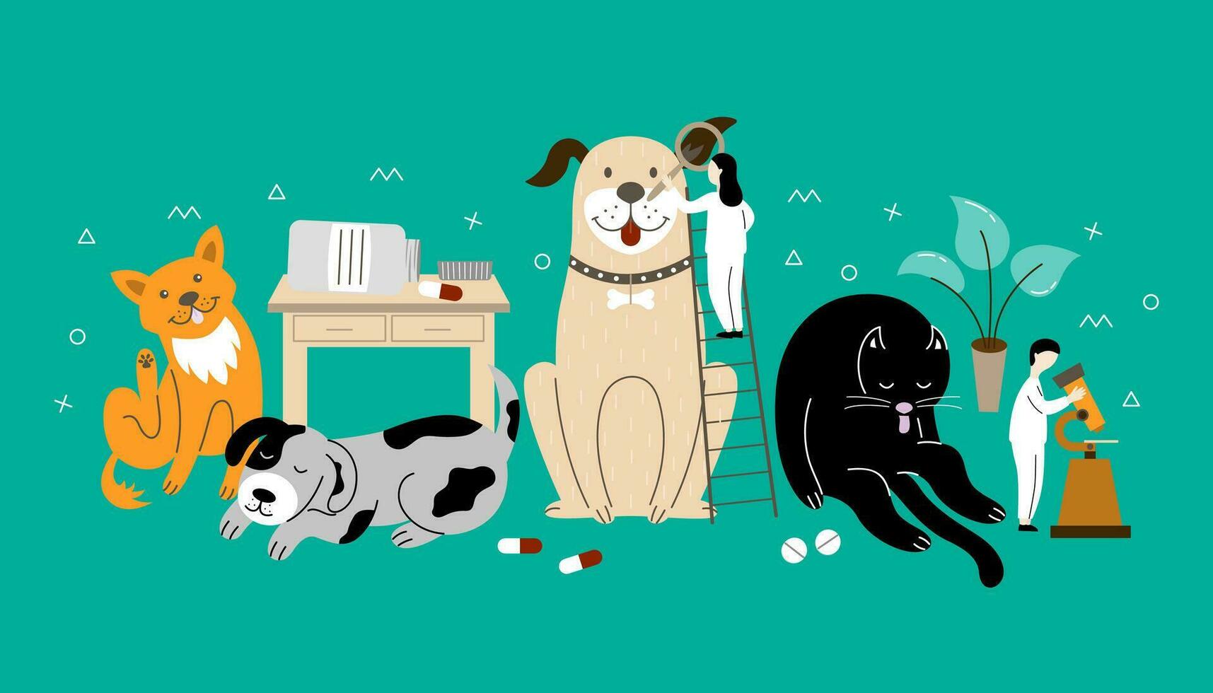 Veterinary dermatology banner with a cat, dogs, doctors. vector