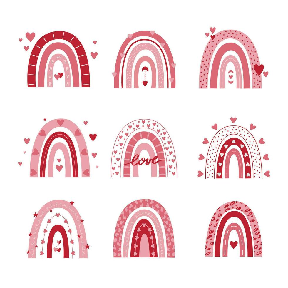 Valentine rainbows vector set isolated on a white background.