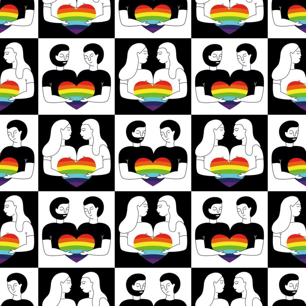 lgbtq sin costura modelo con hombres y mujer participación corazones. vector