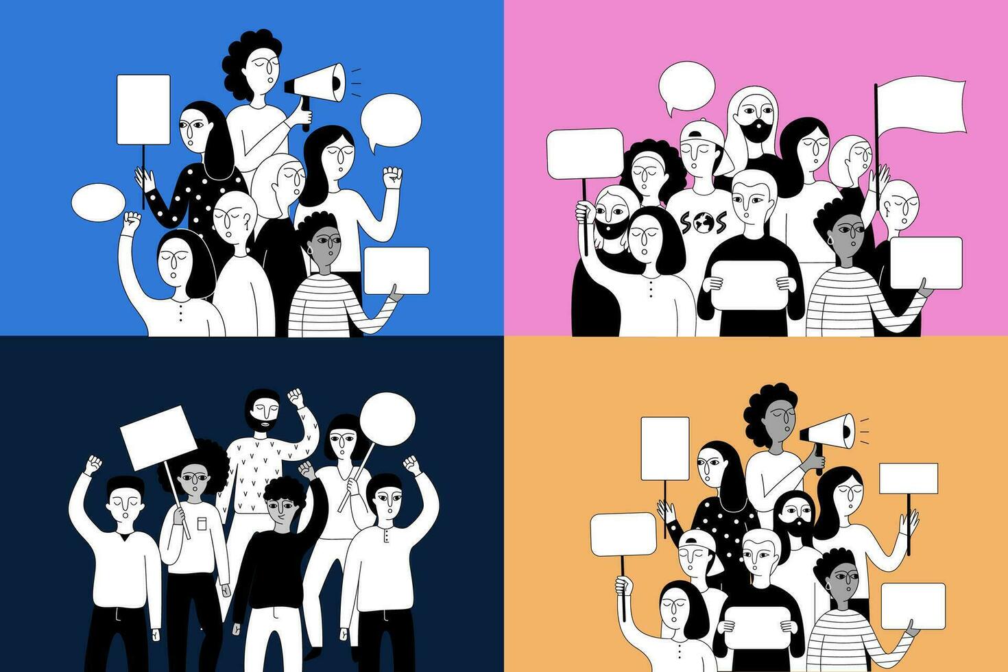 A set of 4 posters with groups of people participating in the action. vector