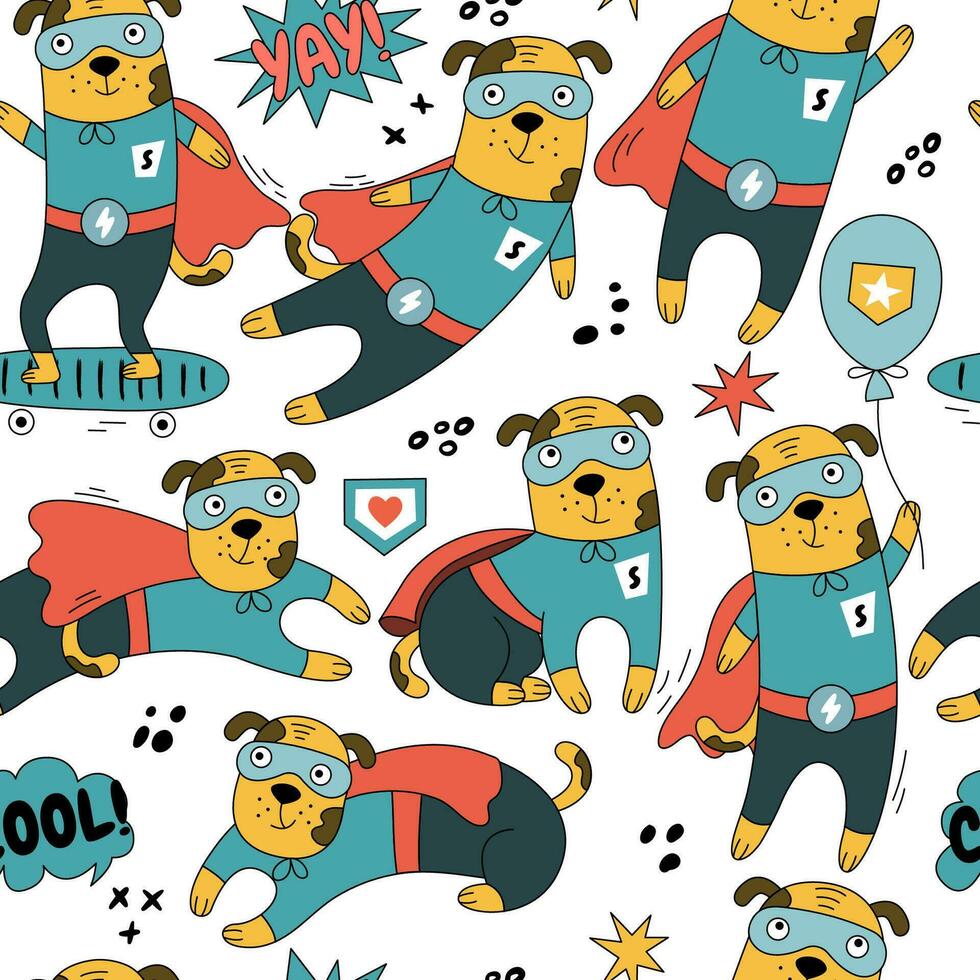 Hero dog character seamless pattern in different poses. vector