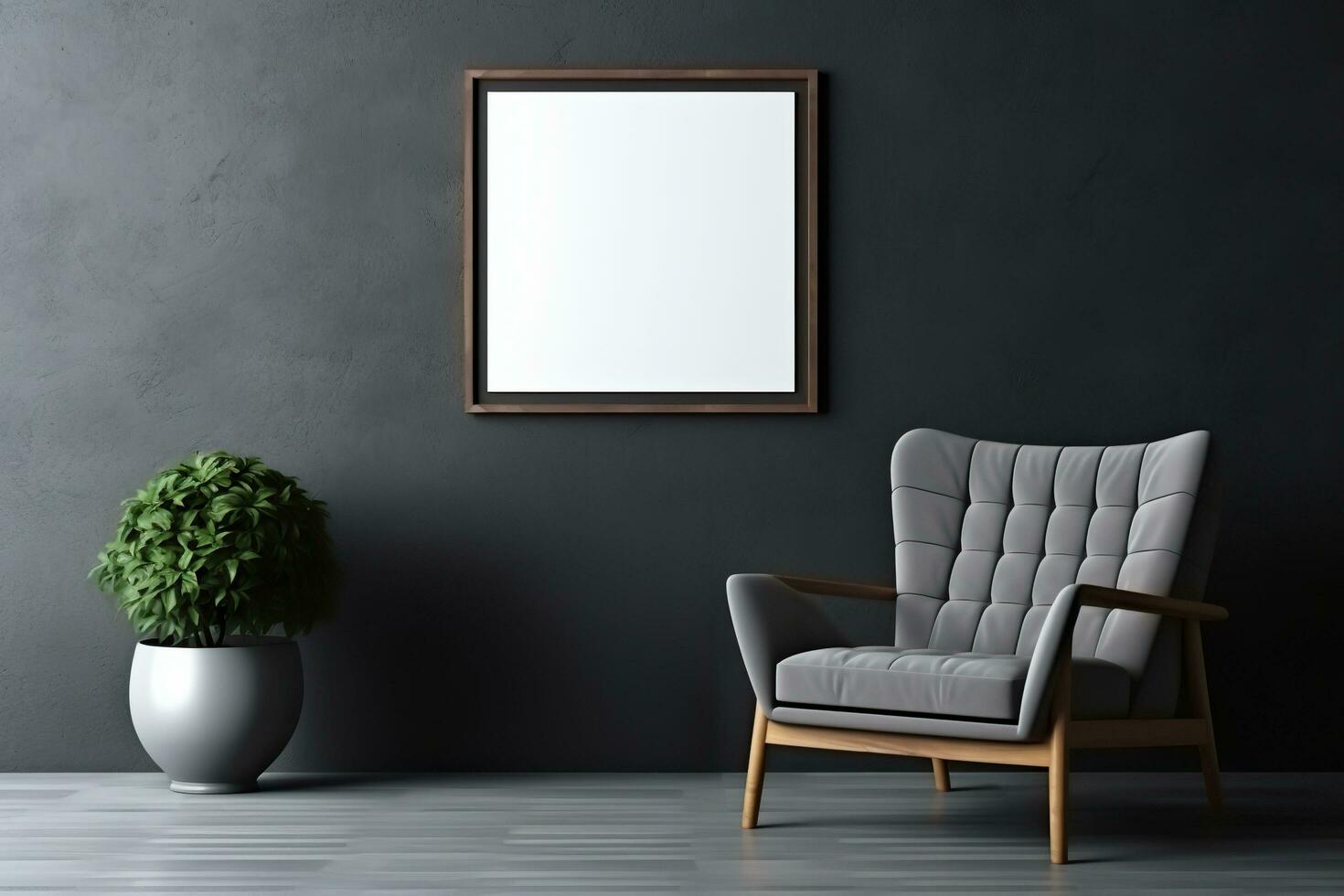 AI generated Interior of a modern living room with an empty frame on the wall. Mock up. photo