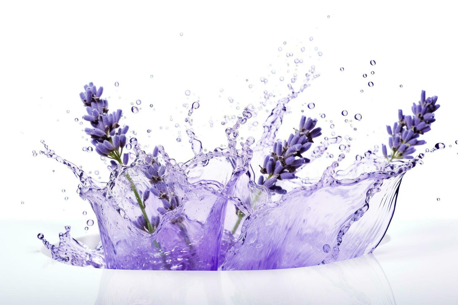 AI generated Lavender flowers in water splashes isolated on white background. photo