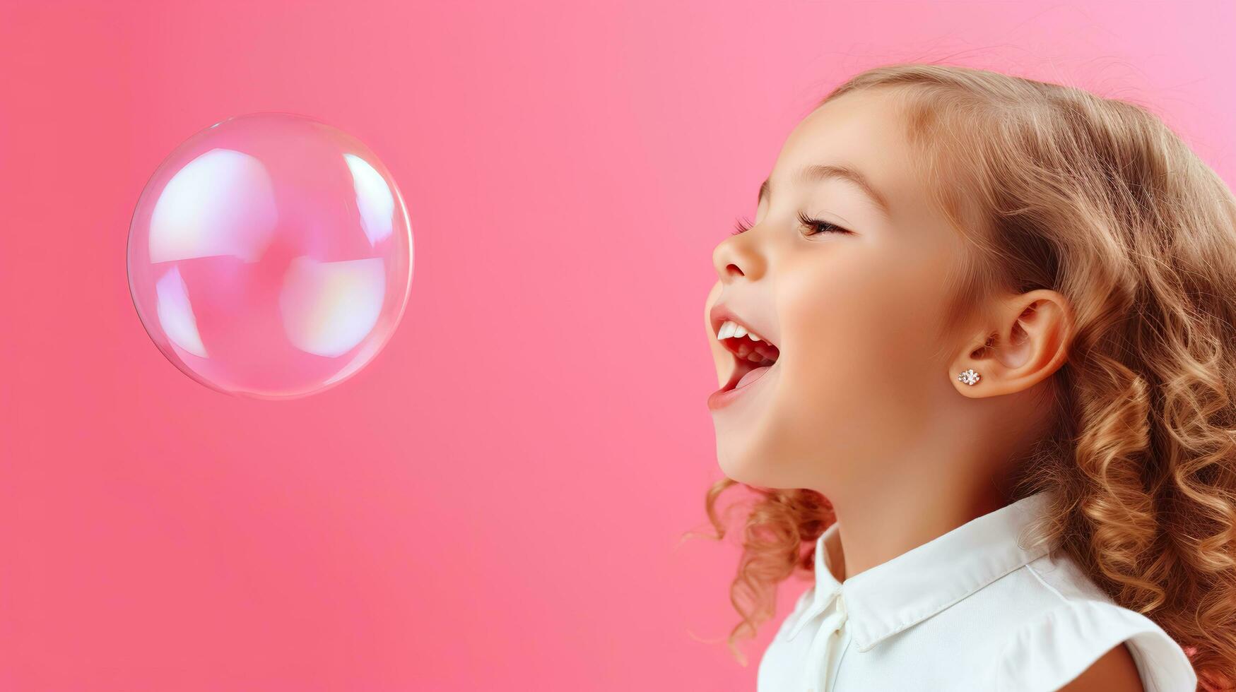 AI generated Cute little girl with curly hair blowing bubble gum on a pink background. photo