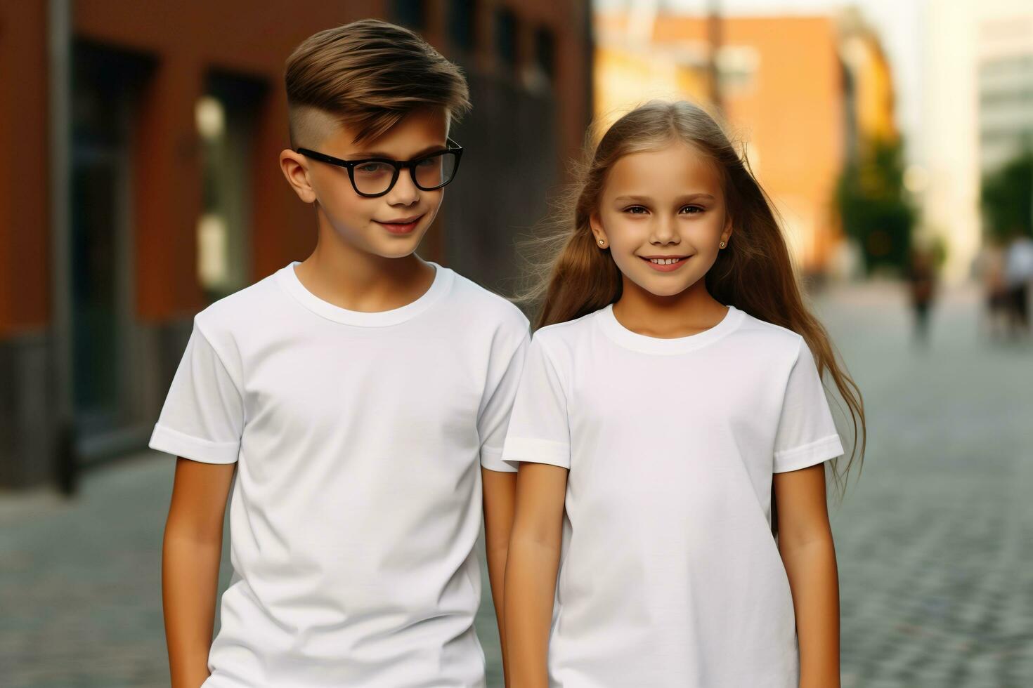 ai generado retrato de dos pequeño niños en blanco camisetas en un ciudad calle. foto