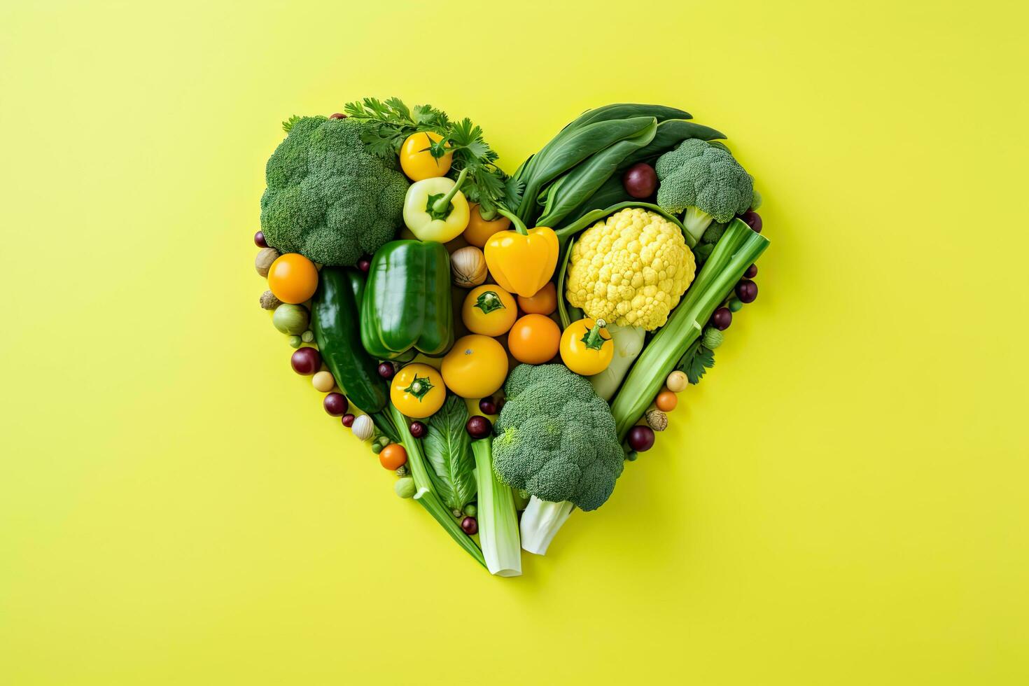 AI generated Heart-shaped fresh vegetables on a yellow background. Healthy food concept. photo