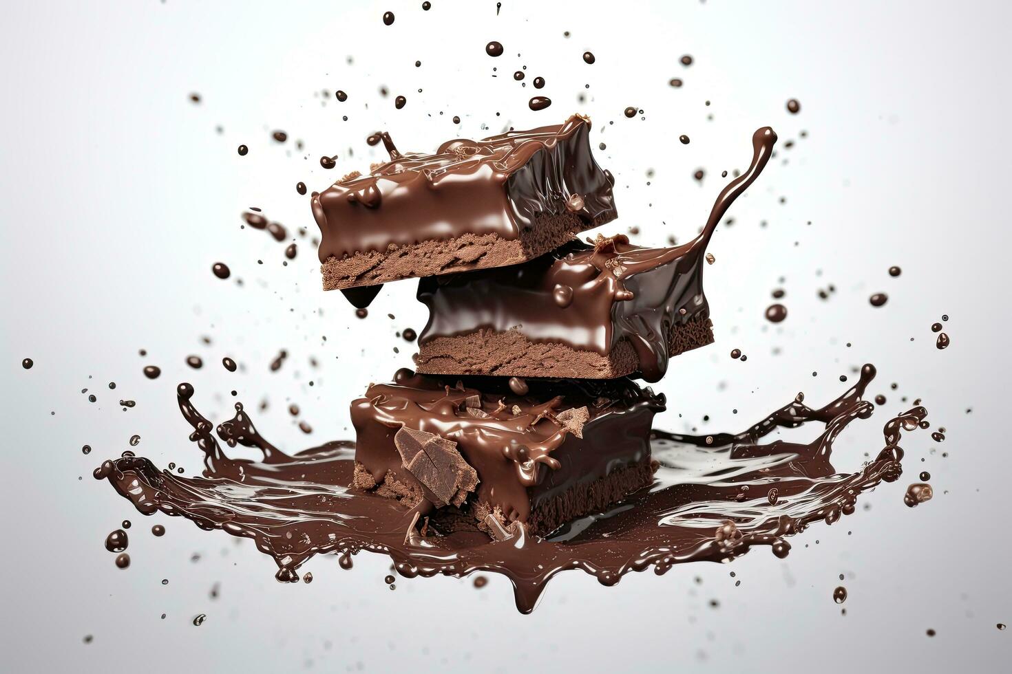 AI generated Close up of pieces of chocolate falling and splashing on a white background. photo