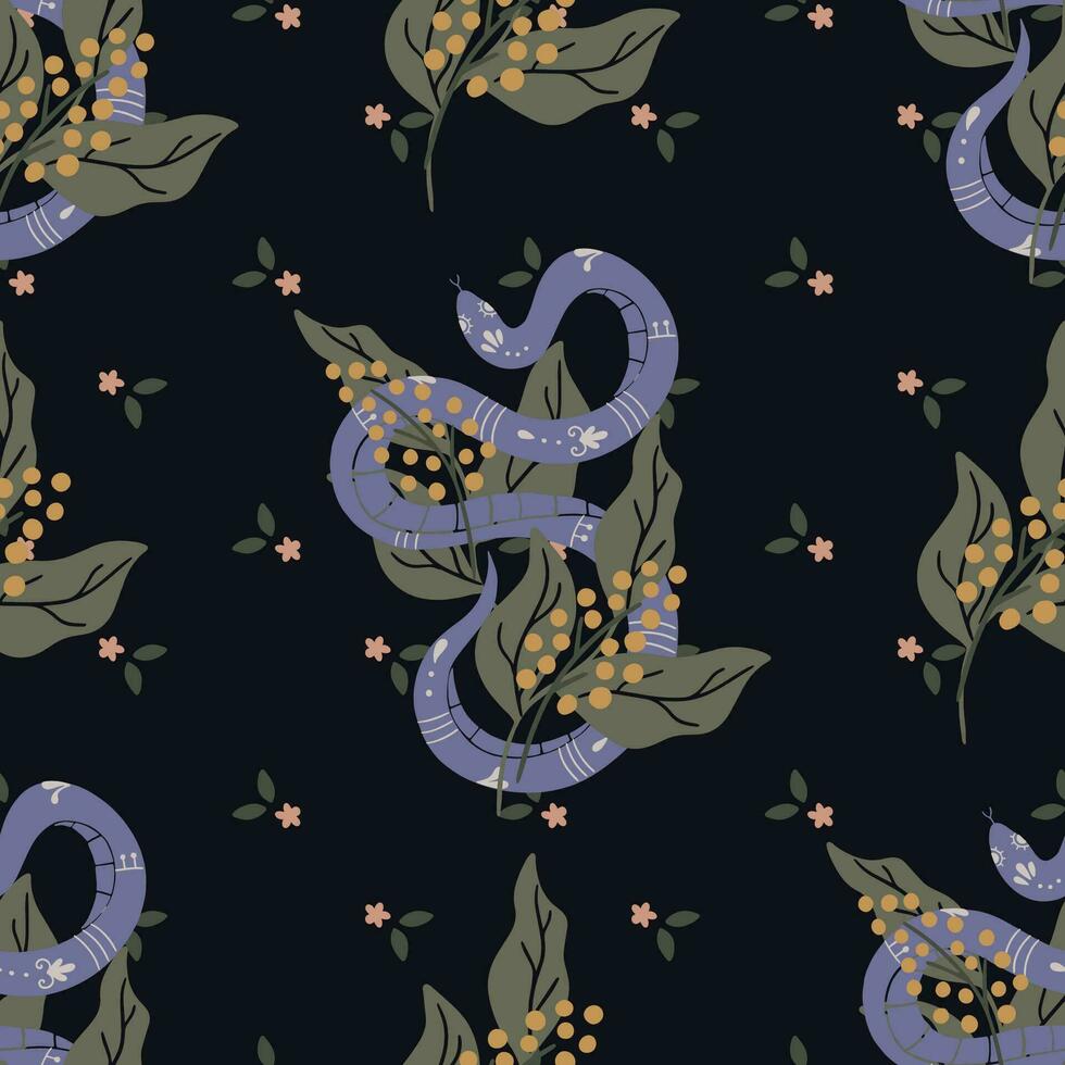 Seamless pattern with purple snakes and flowers. vector