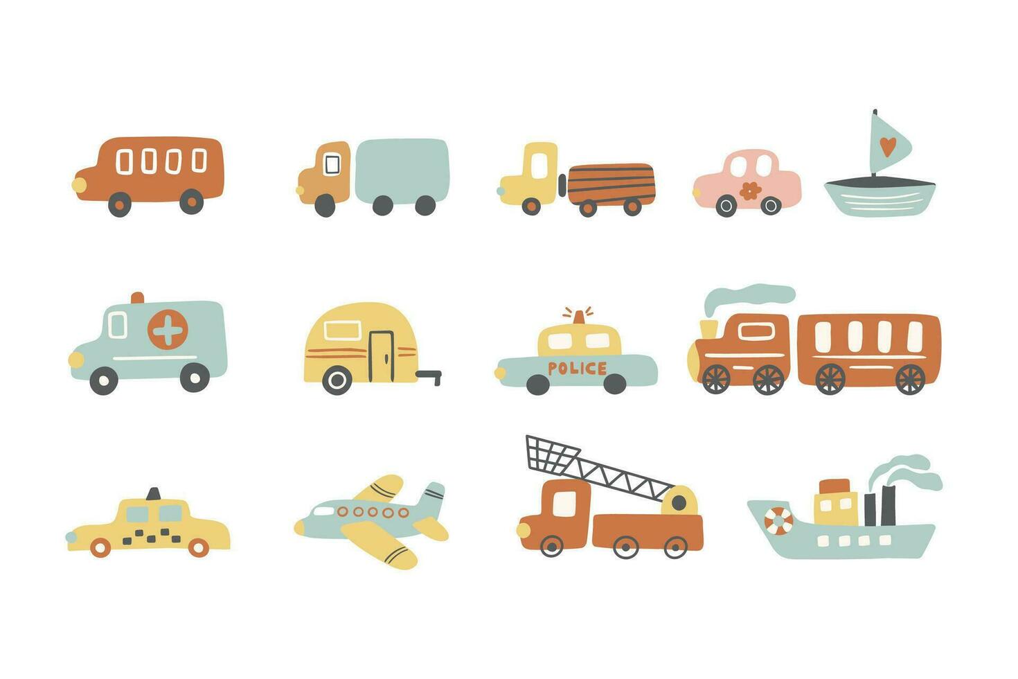Set with different transport fire truck, taxi, ambulance, boat, steamer, plane, truck, car. vector