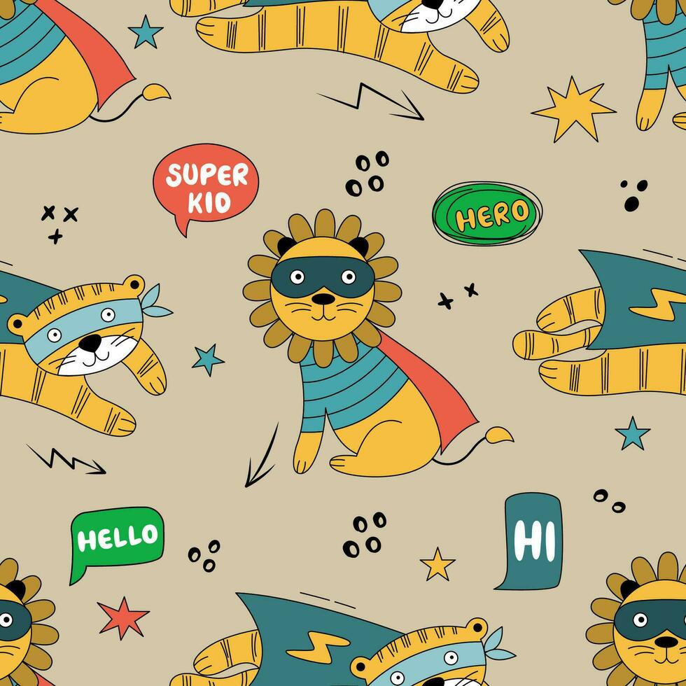 Seamless pattern with wild animals in superhero costumes. vector