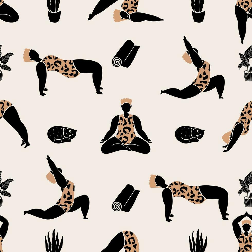 Plus size Woman doing yoga exercises, seamless pattern. vector