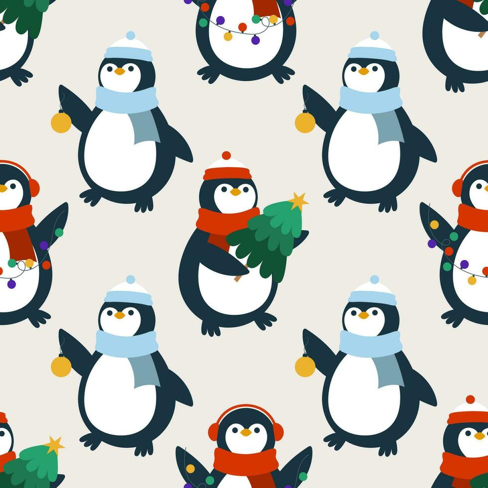 Penguins with Christmas tree, garland, and ball. vector