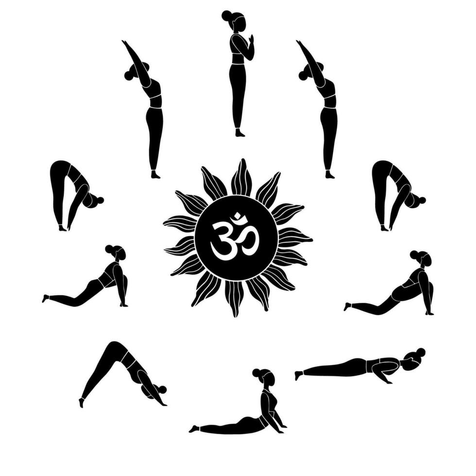 Woman doing yoga exercises sun salutation. vector