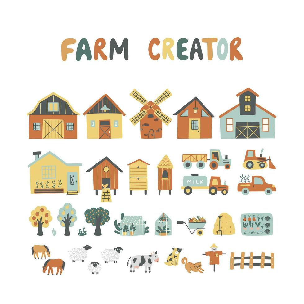 granja creador con casas de campo, tractores, invernaderos, mascotas, arboles y etc. vector