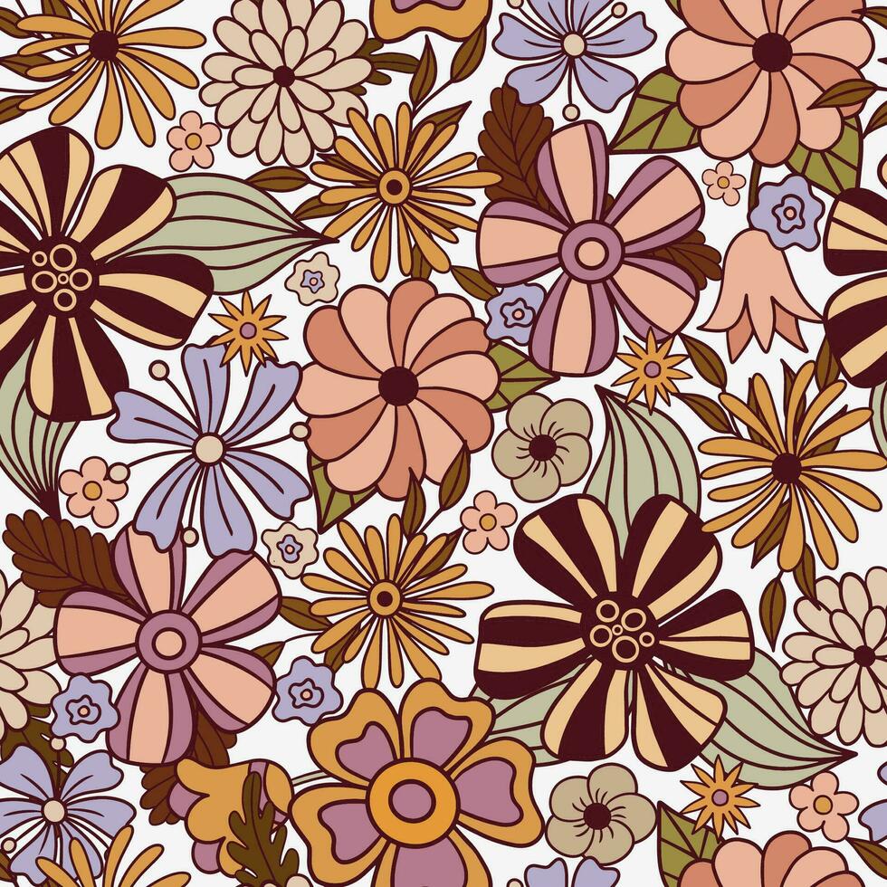 Groovy seamless pattern with flowers. vector