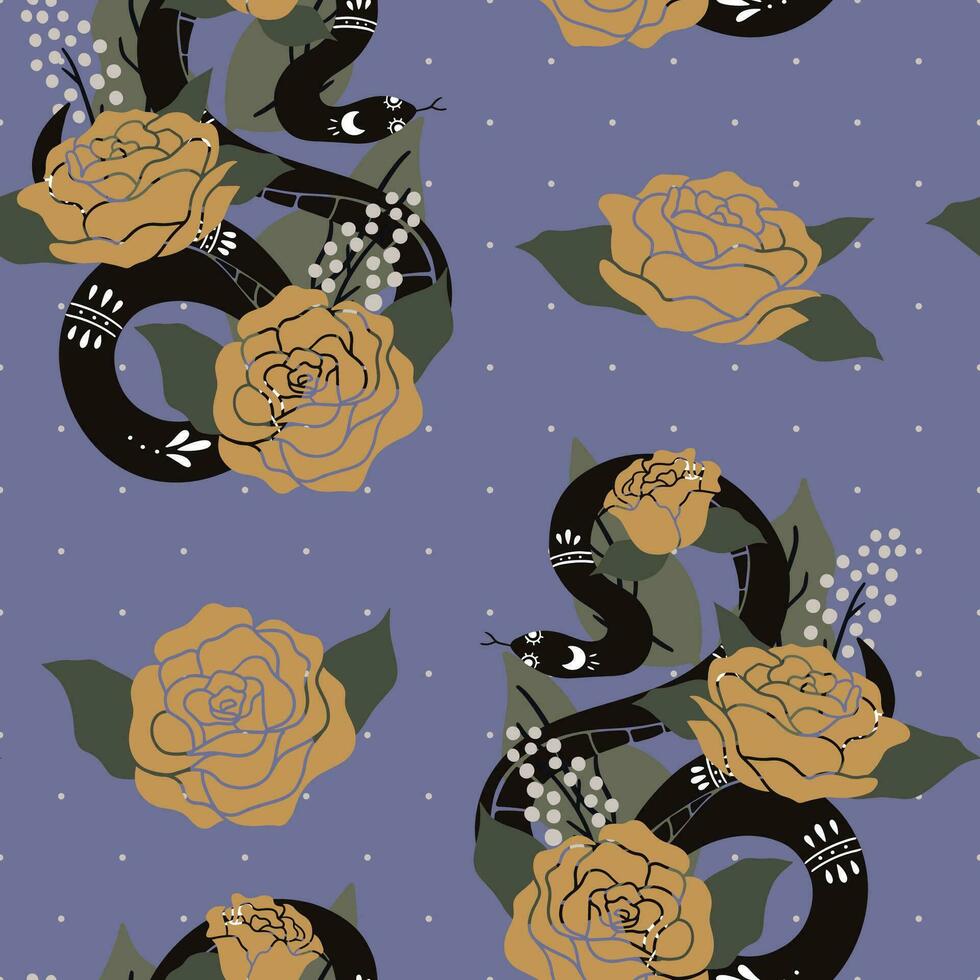 Seamless pattern with snakes and yellow roses. vector