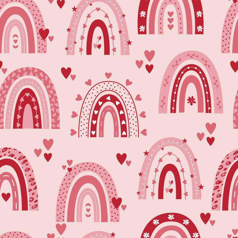 Valentine's day seamless pattern with rainbows and hearts on pink background. vector