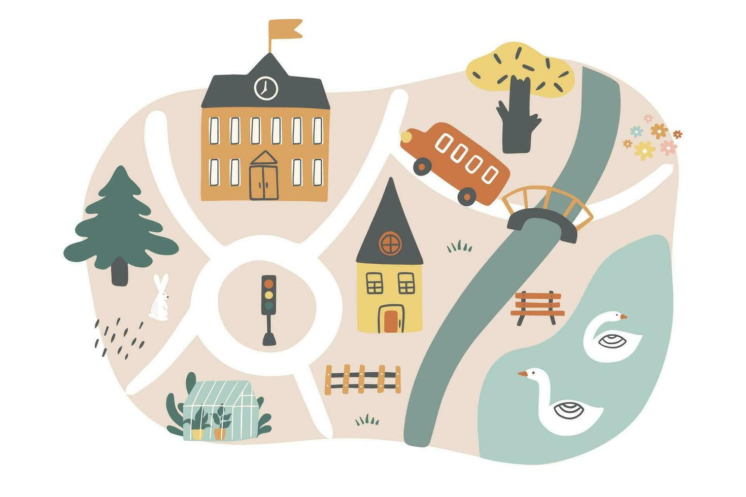 Small town with houses, cars, animals, trees. vector