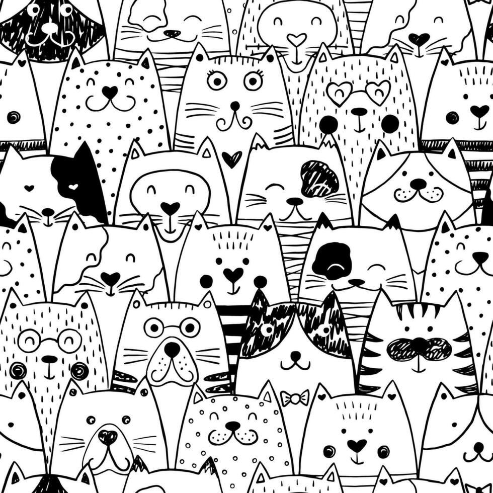 Scandinavian seamless pattern with cute doodle cats. vector