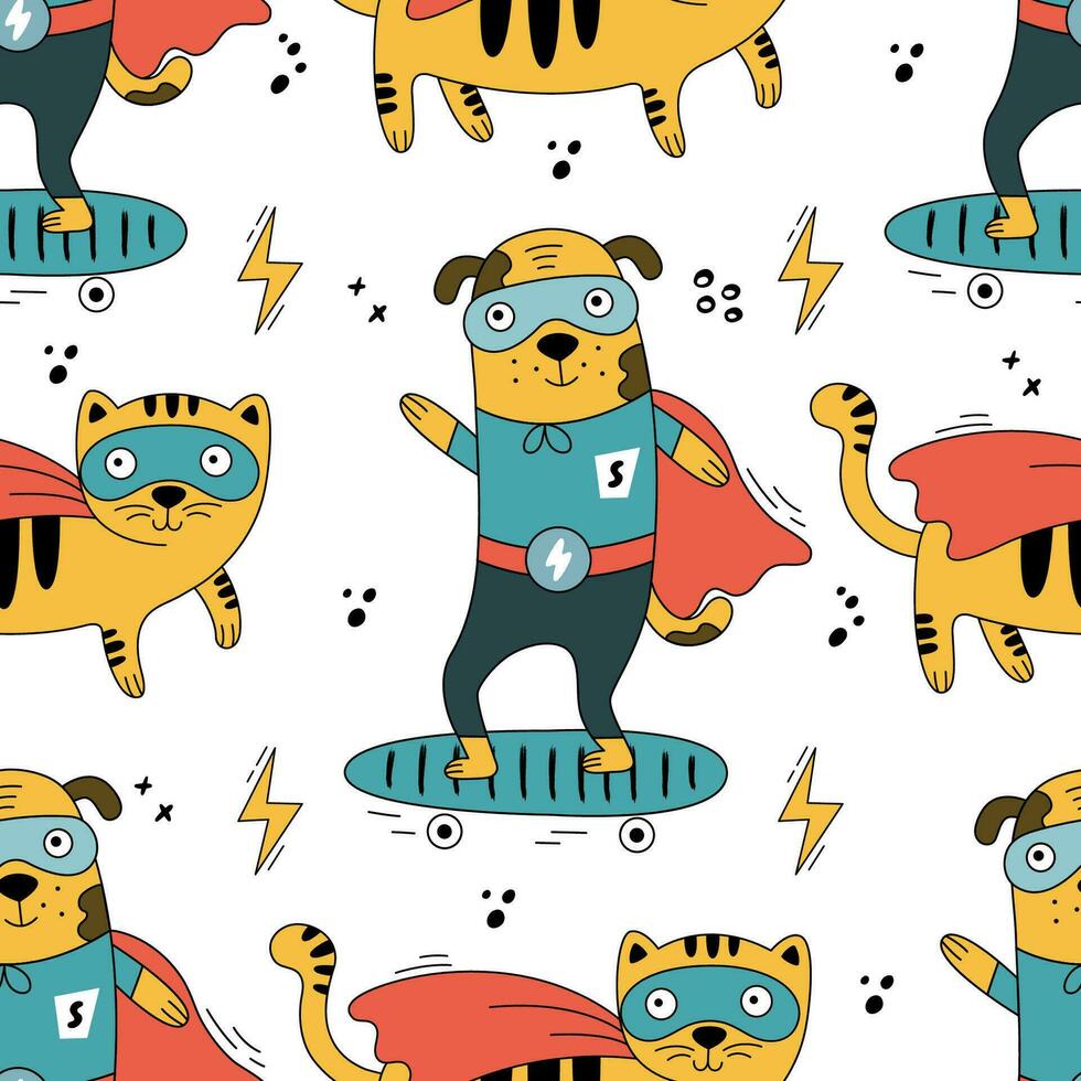 Cute cats and dogs in superhero costumes. vector