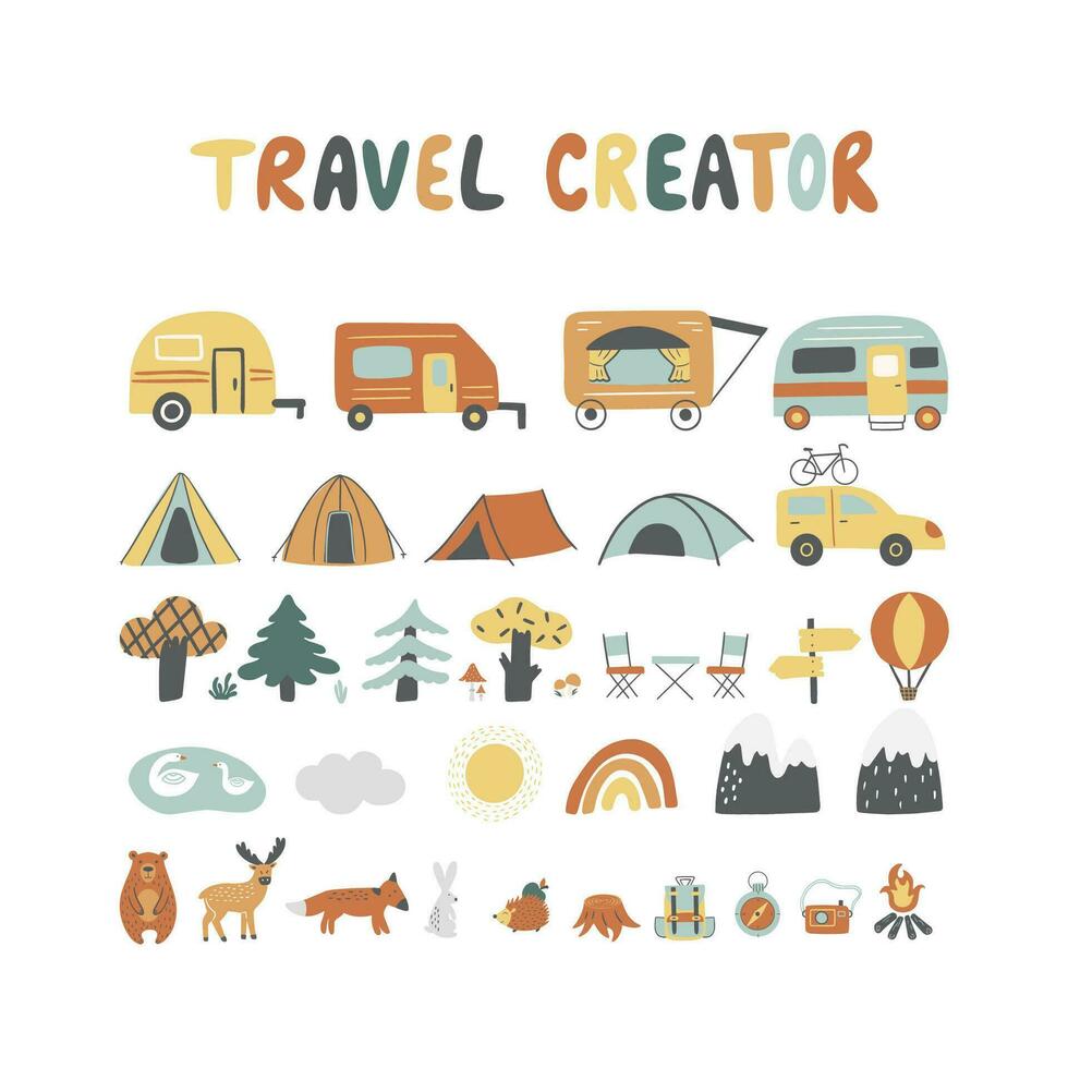 Travel map creator with motorhome, camper, tent, forest animals, trees