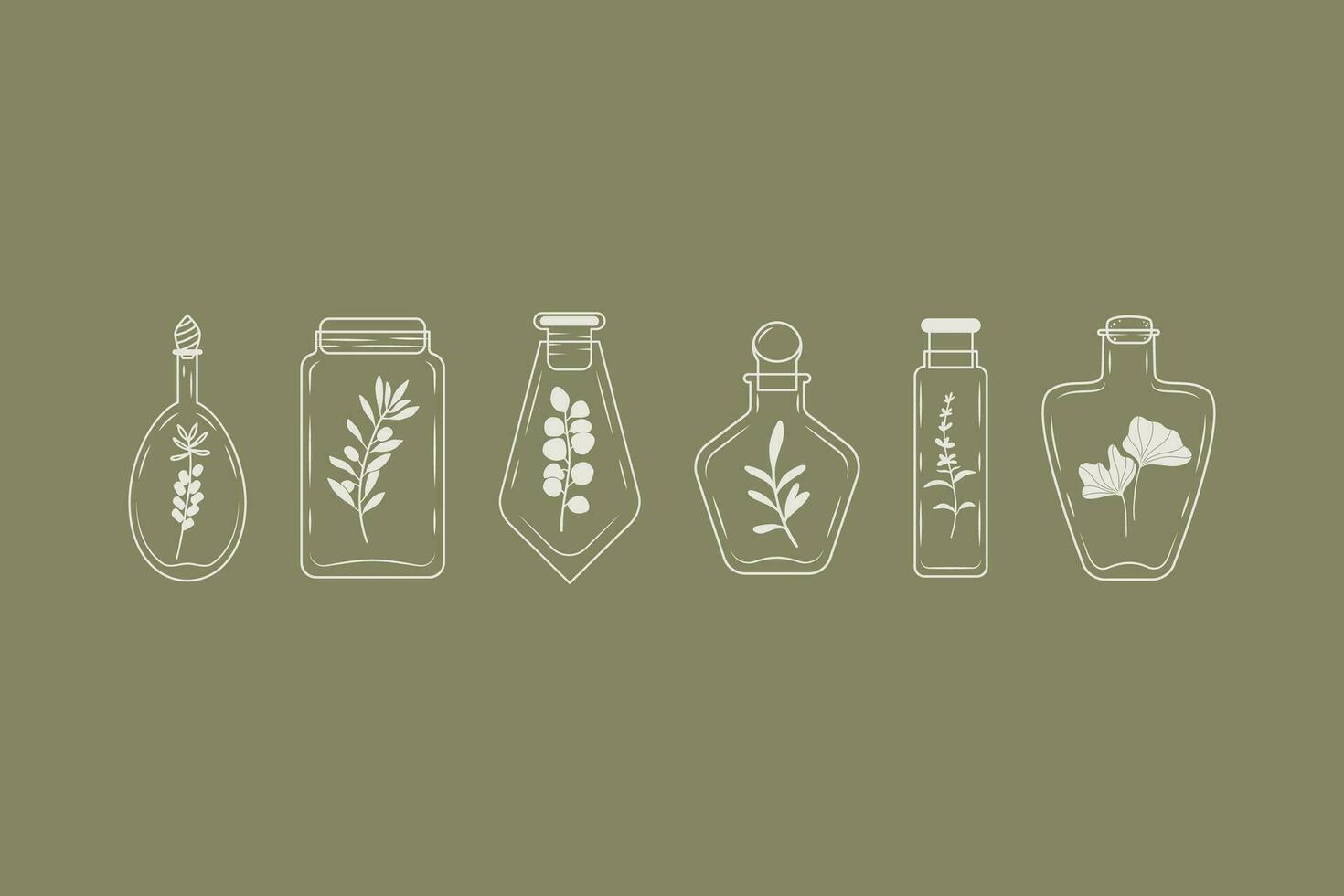 A set of bottles with rosemary, eucalyptus, olive, lavender, sea buckthorn. vector