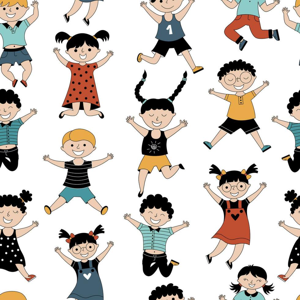 Childish seamless pattern with smiling, happy and jumping kids. vector