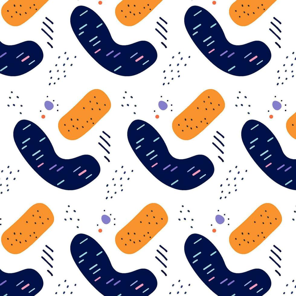 Vector pop art seamless pattern of blue and yellow abstract elements on white background