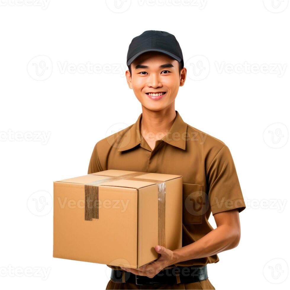 AI generated Asian delivery man holding a cardboard box. Isolated photo ready to use. AI Generated