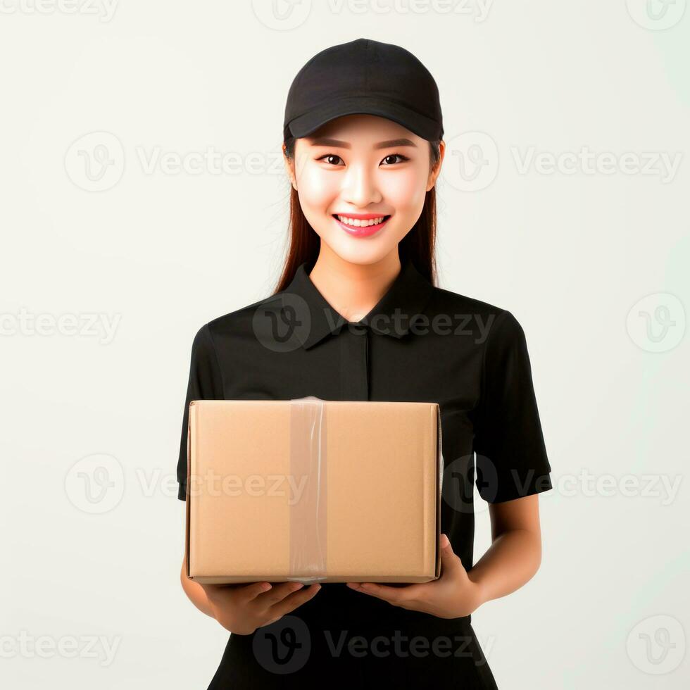 AI generated Asian delivery woman holding a cardboard box. Isolated photo ready to use. AI Generated