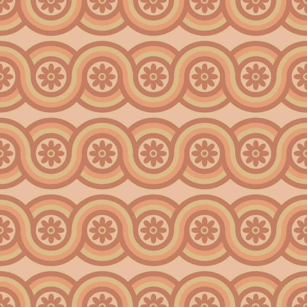Groovy seamless pattern with geometric shapes and flowers. vector