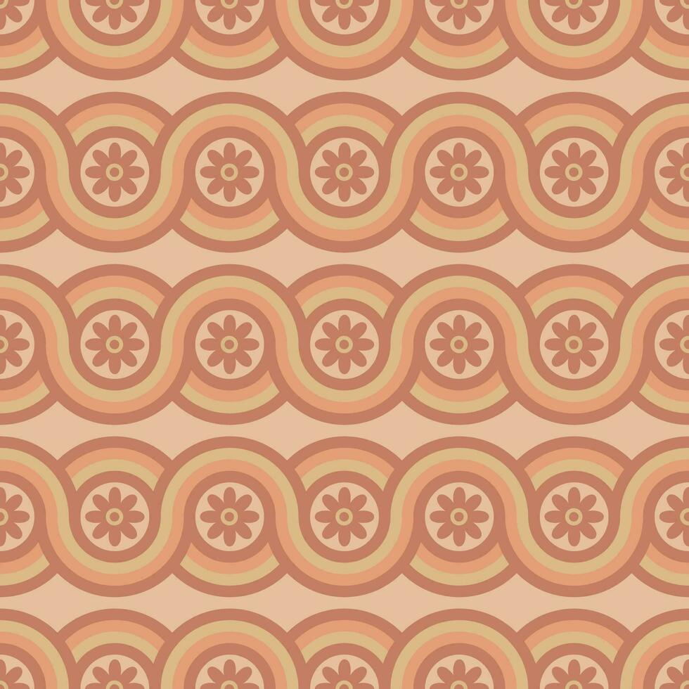 Groovy seamless pattern with geometric shapes and flowers. vector