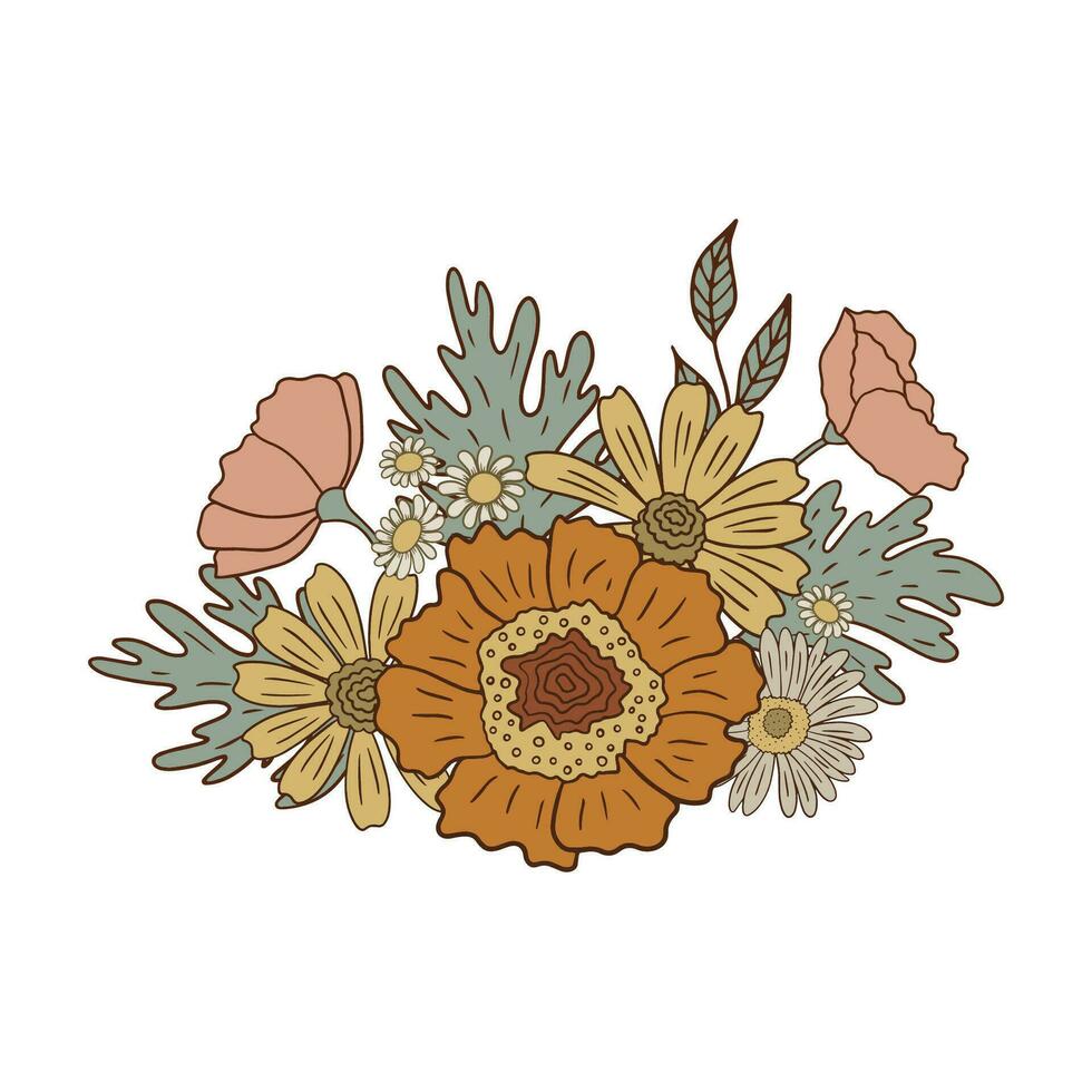 Retro floral composition in 60s-70s style isolated on white background. vector