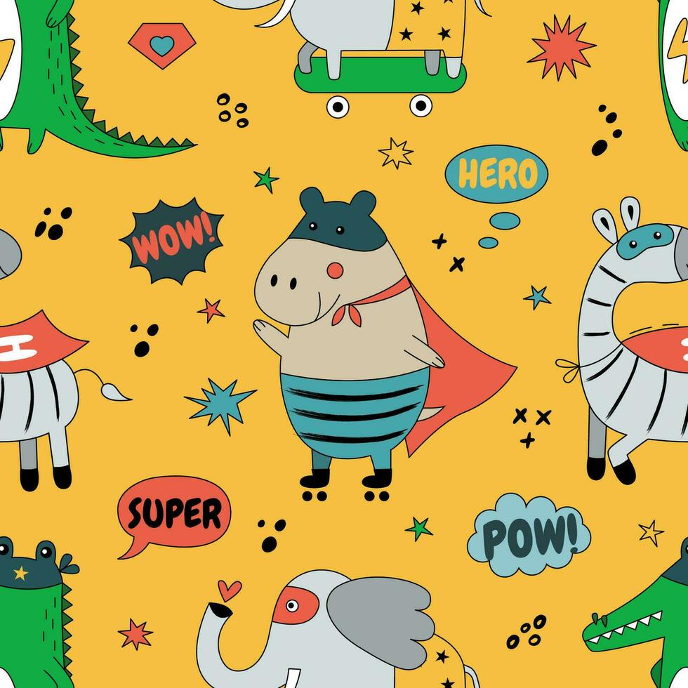 Seamless pattern with wild animals in superhero costumes. vector