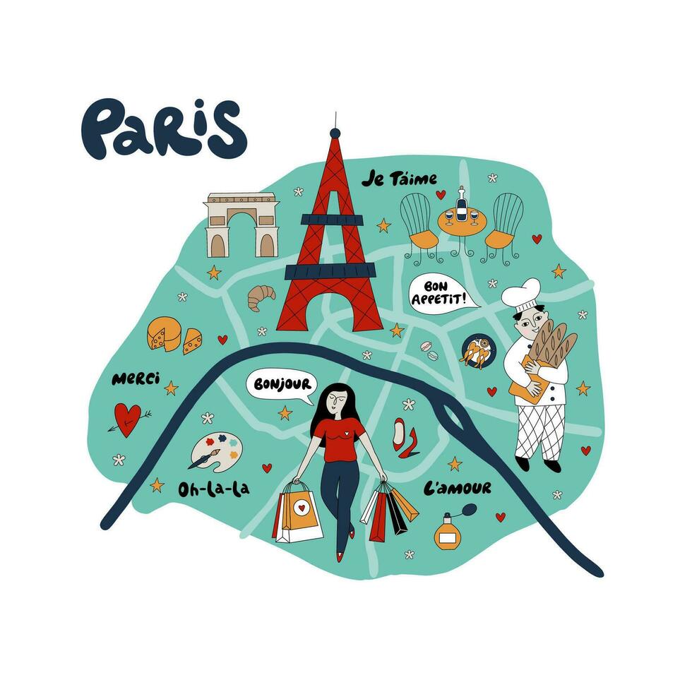 Map of Paris with its architecture, culture, and french people. vector