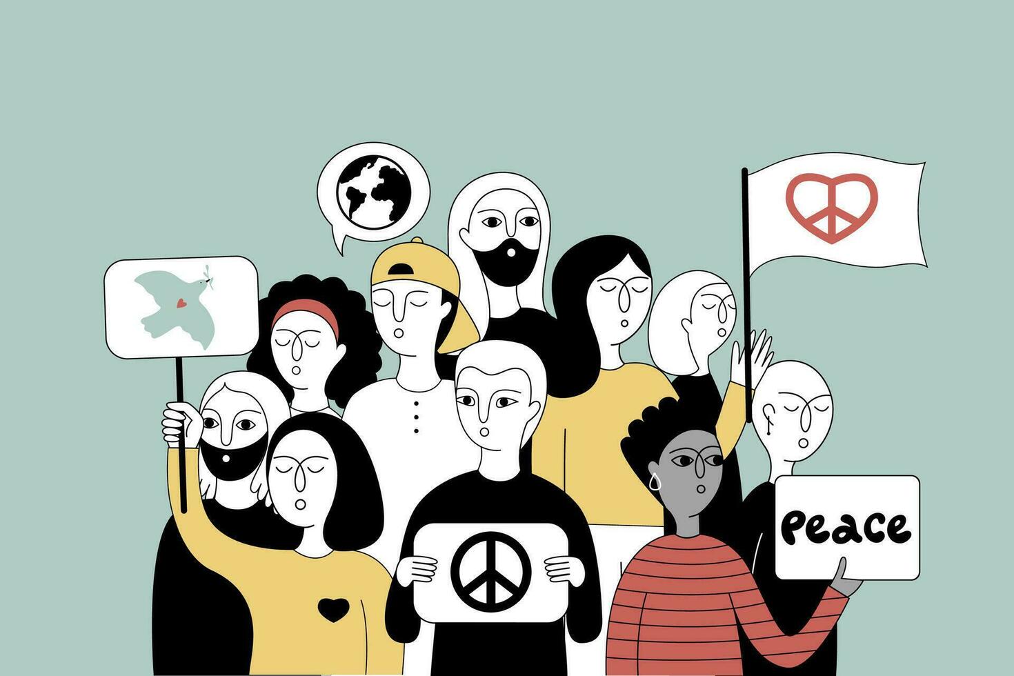 Diverse people with signs, banners and placards in their hands. vector