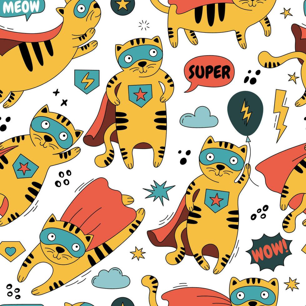 Seamless pattern with a cat in a superhero costume. vector