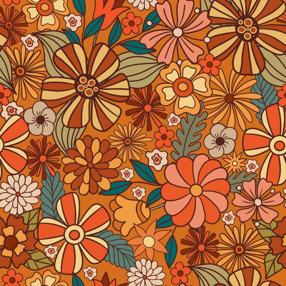 Groovy seamless pattern with flowers. vector