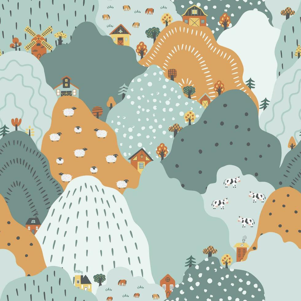 Nursery seamless pattern with hills, houses, animals, and trees. vector