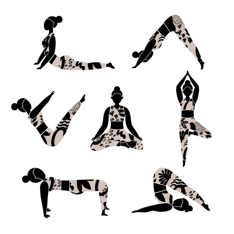 Woman doing yoga exercises, set. vector