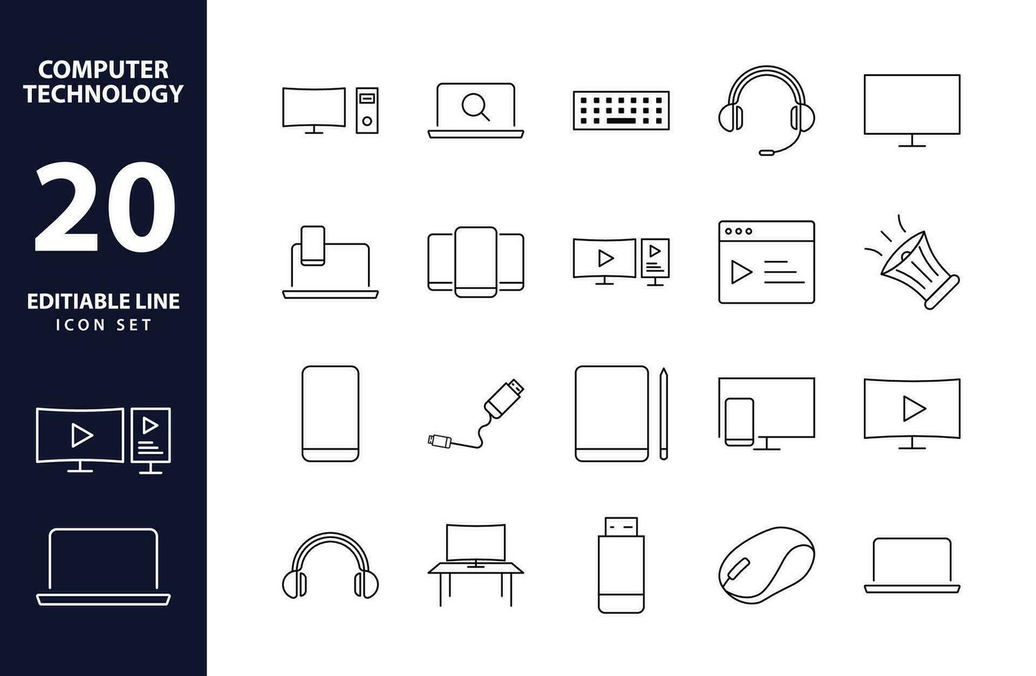 Digitronics Line Icons Vector Illustration of Editable Computer Technology Icons in Sleek Outline Style, Featuring Monitors, Smartphones, Tablets, Laptops, Electronic Devices, desktop, display, drive