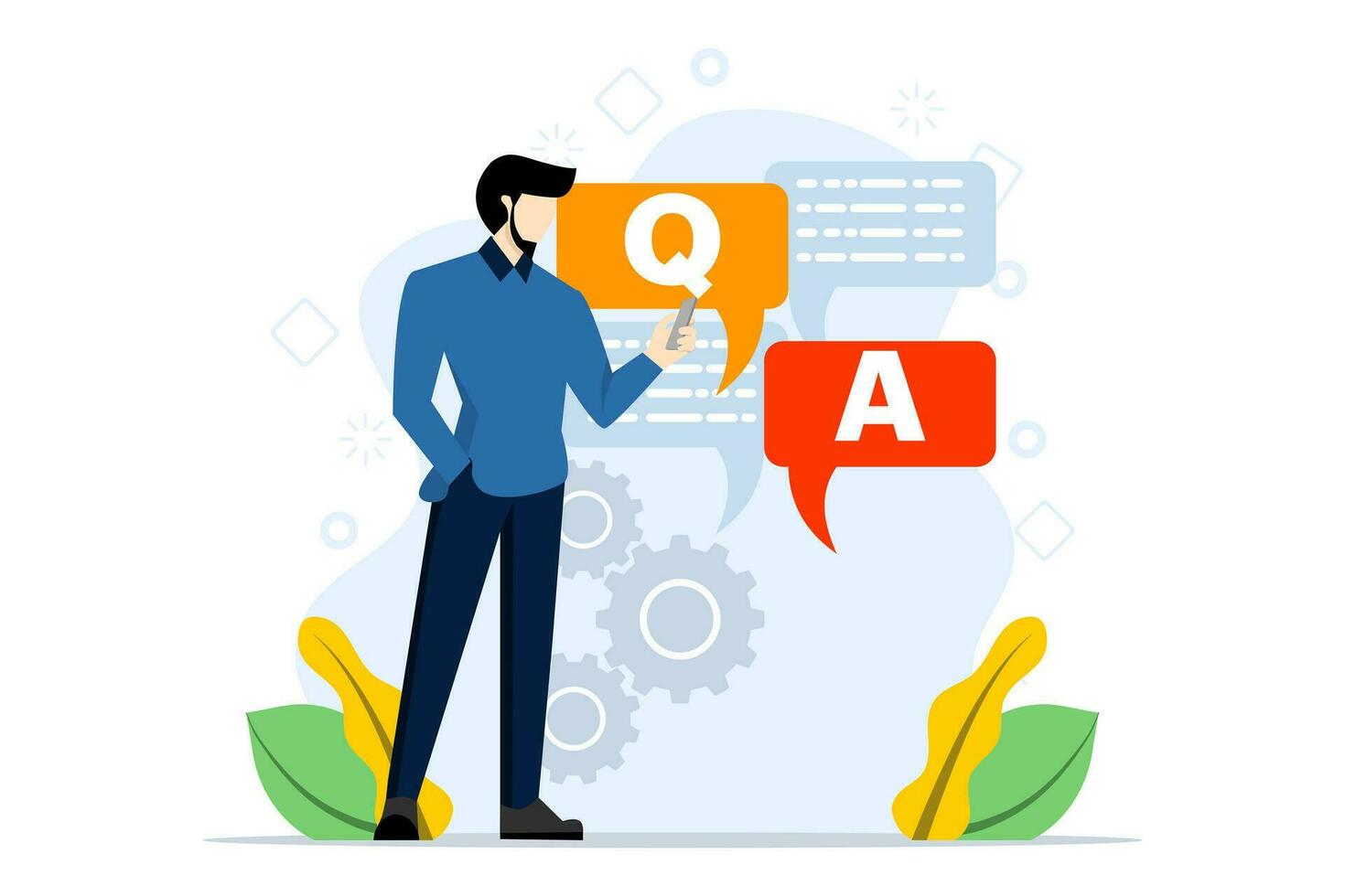 customer service concept. Users ask questions in support chat. Our collection of contacts, faqs, questions, answers. vector flat illustration for banner UI. flat vector illustration.