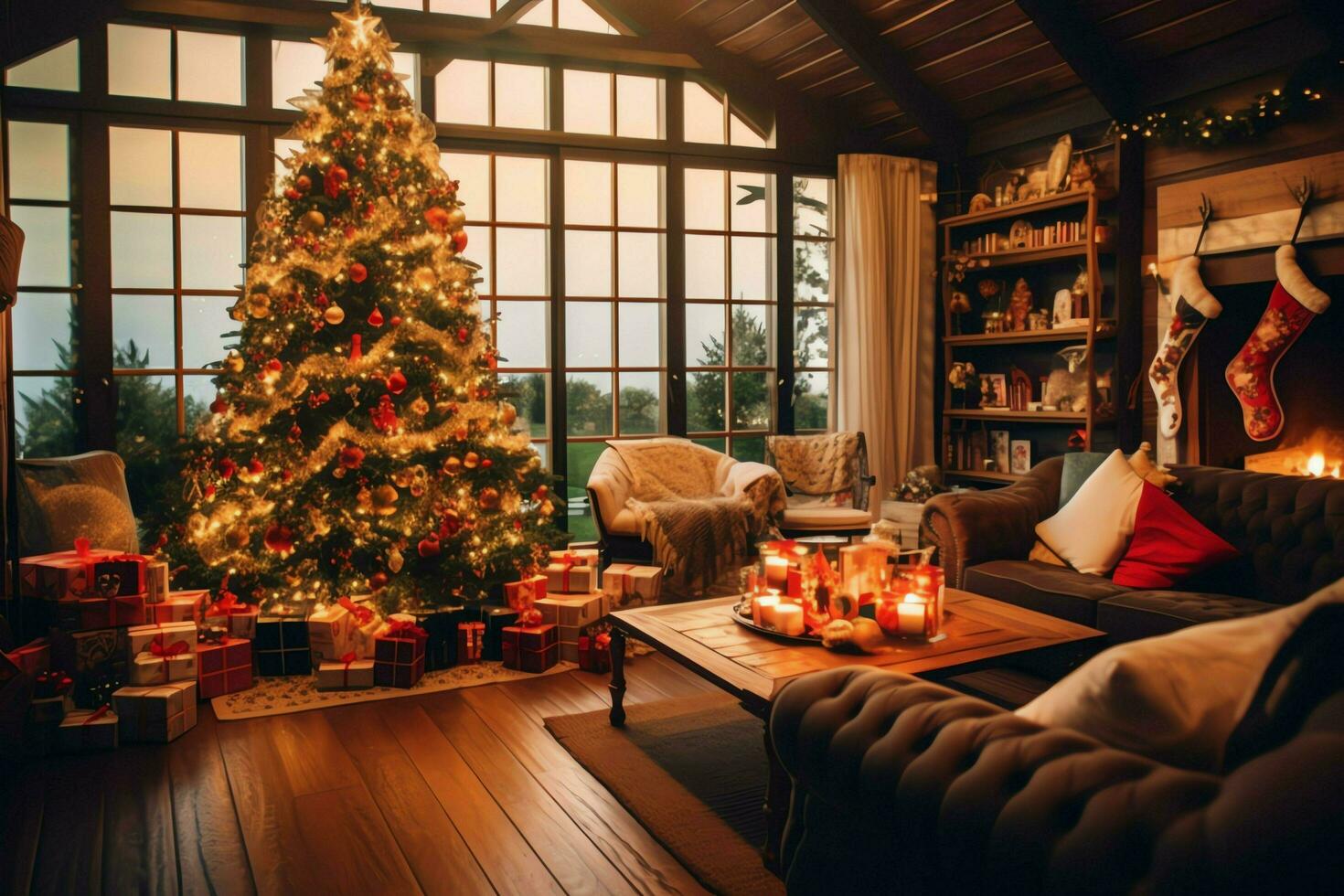 Cosy living room with beautiful christmas tree and red gifts in modern interior. Interior of living room decorated for merry christmas with socks, gift boxes and christmas accessories by AI Generated photo