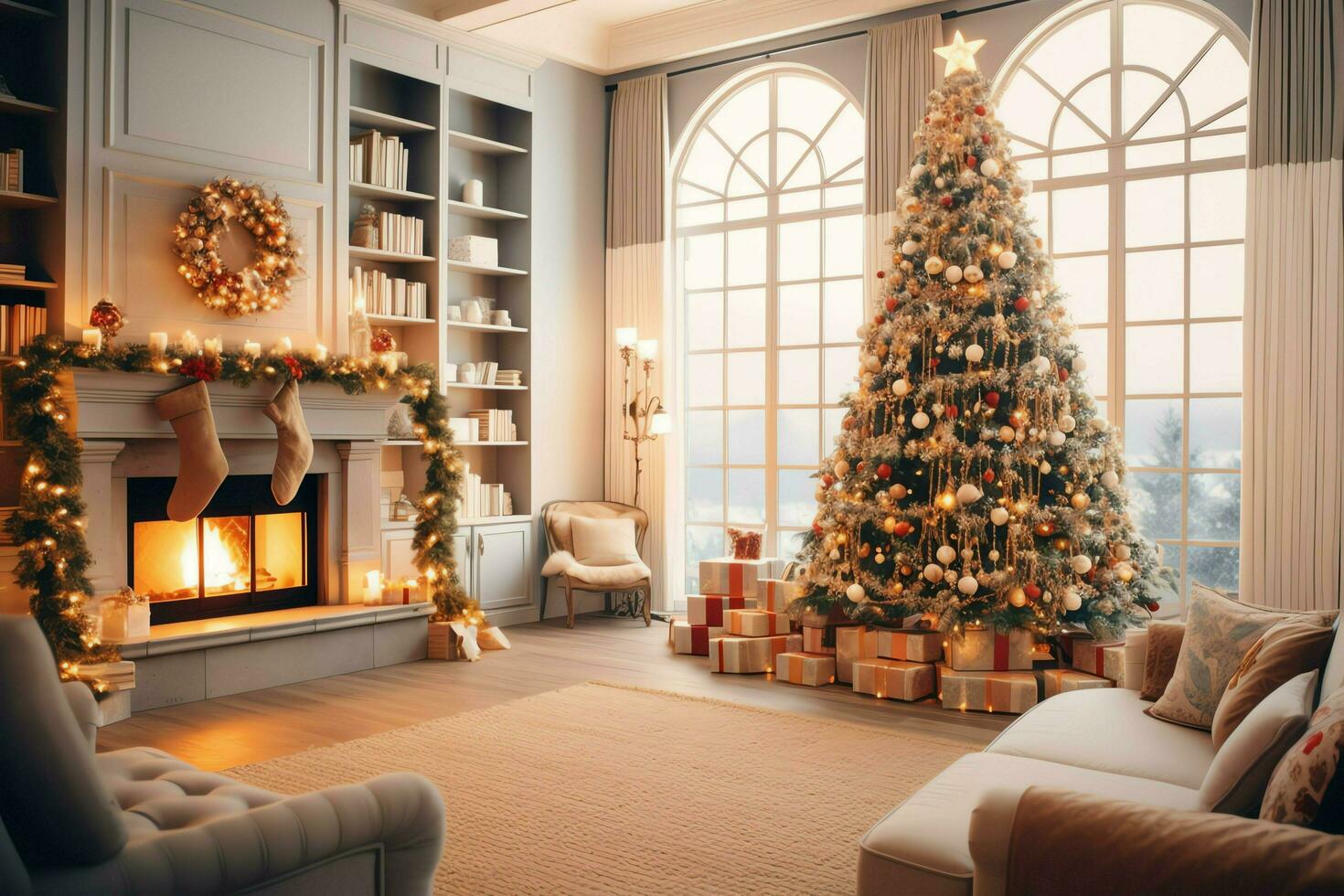 Cosy living room with beautiful christmas tree and red gifts in modern interior. Interior of living room decorated for merry christmas with socks, gift boxes and christmas accessories by AI Generated photo