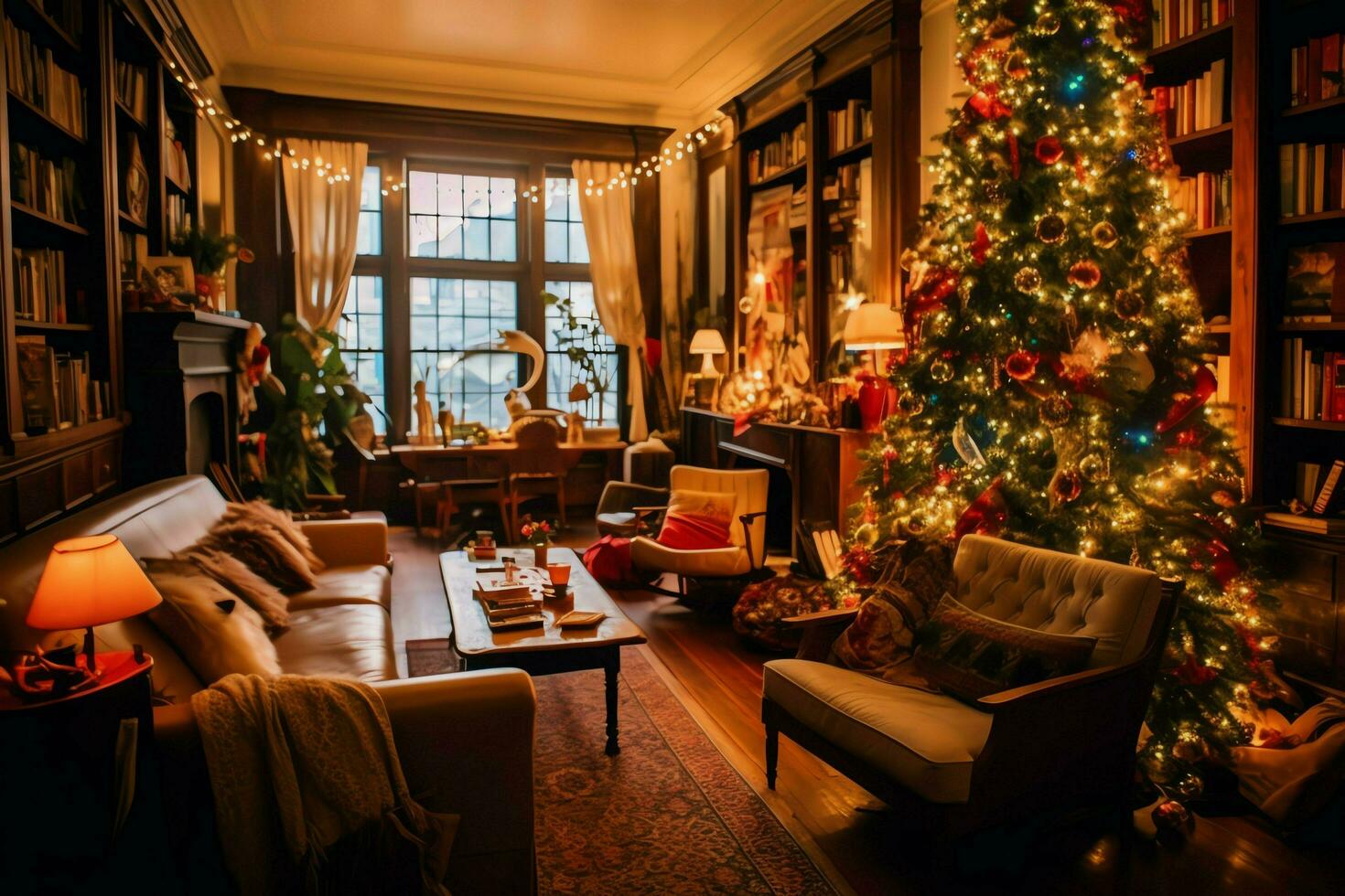 Cosy living room with beautiful christmas tree and red gifts in modern interior. Interior of living room decorated for merry christmas with socks, gift boxes and christmas accessories by AI Generated photo