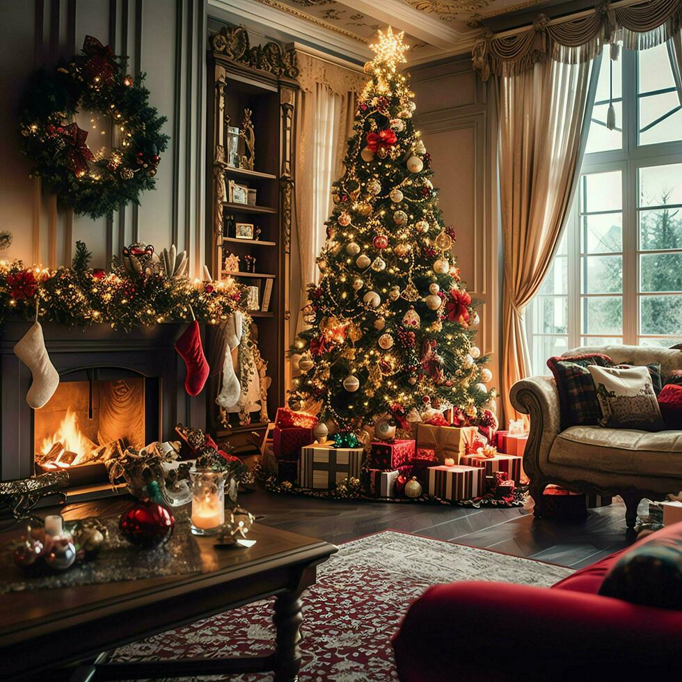 Cosy living room with beautiful christmas tree and red gifts in modern interior. Interior of living room decorated for merry christmas with socks, gift boxes and christmas accessories by AI Generated photo